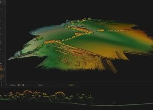 Dataset collected from the demonstration flight. After the flight path has been corrected with base station observation data, CloudStation acts as the first port of call for point cloud analysis.